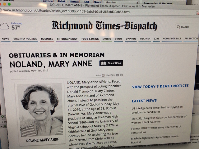 Obit: Woman chose death over Trump, Clinton vote